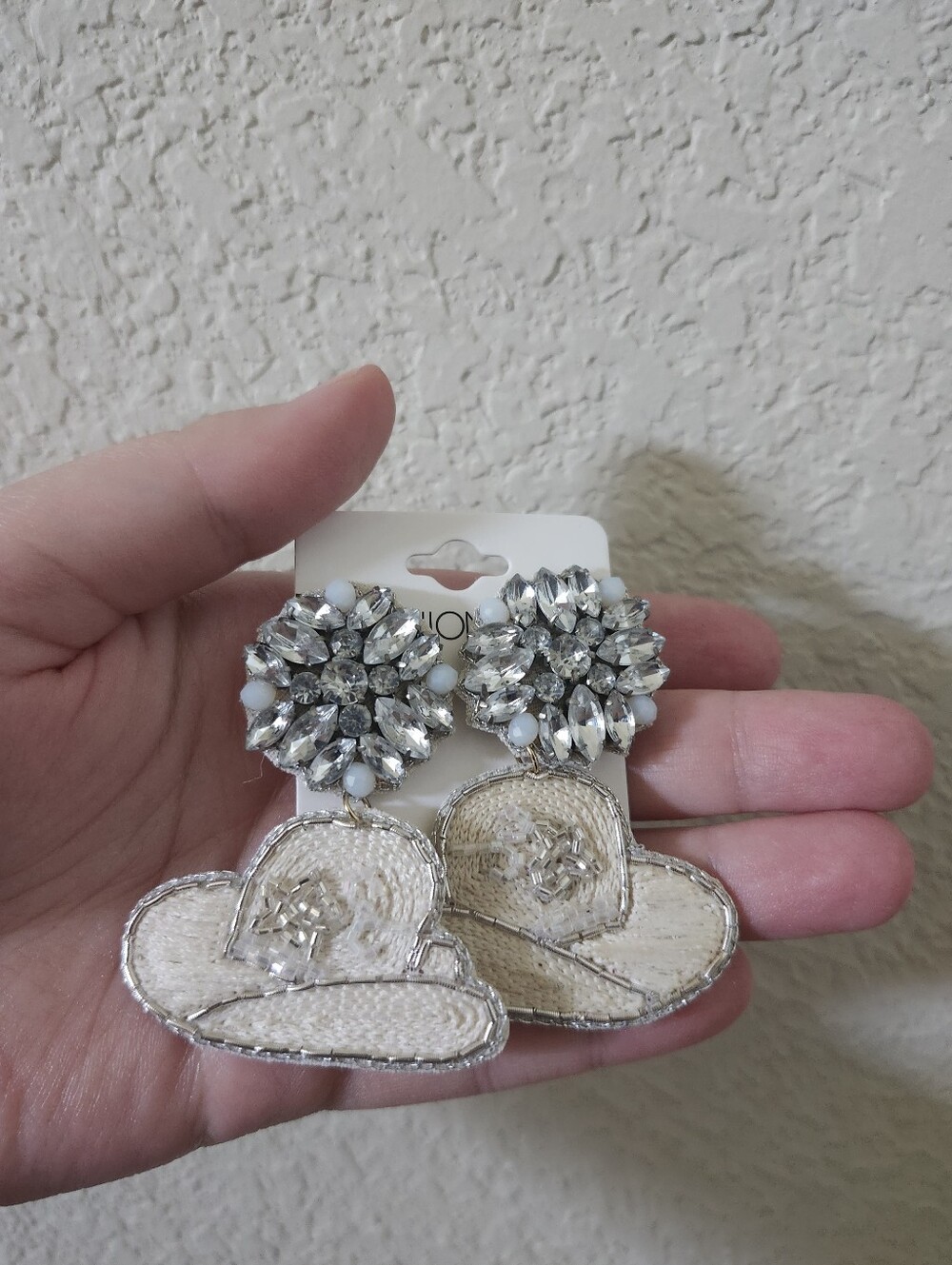 Fashion Nova Beige & Silver Crystal Floral Drop Earrings